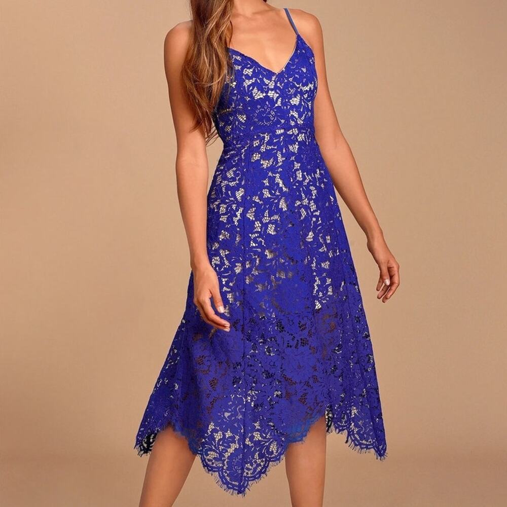 Lulus Royal Blue One Wish Floral Lace V-neck Handkerchief Hem Midi Dress Size M